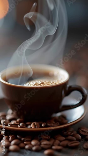 Steaming coffee cup with steam on saucer, roasted bean aroma, hot beverage closeup in cozy cafe mood on dark table