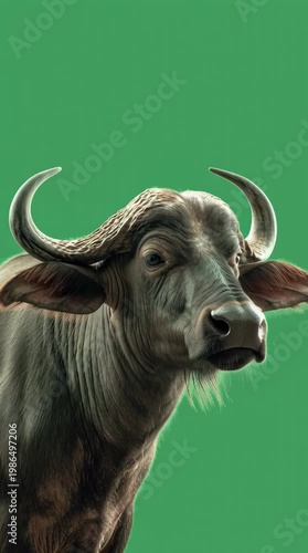 Close-up portrait of a bull with curved horns against a solid green background.