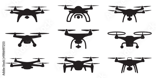 Compilation of drone silhouettes, showcasing various quadcopter designs and aerial vehicle shapes.