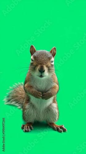 A brown squirrel standing upright on its hind legs with paws clasped together against a solid green background.