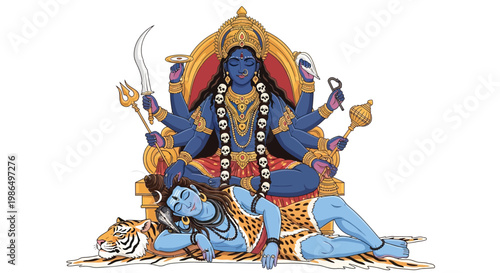 Kali goddess depicted with shiva lying on a tiger skin
