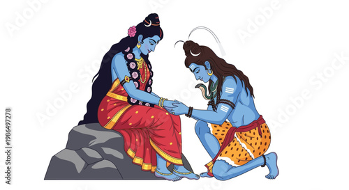 Shiva and parvati depicted in a colorful and illustrative style