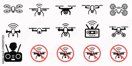 Collection of drone illustrations including prohibited flight zones remote controls and aerial views.