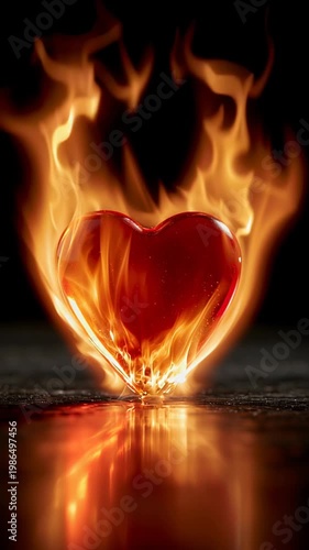 Burning heart red heart flame fire reflection love romance on dark glossy surface, bright reflection, passion concept video