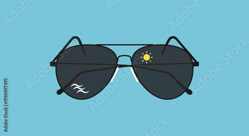 Aviator Sunglasses with Sun Reflection on Blue Background, Summer Style