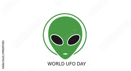 Green alien head icon with text World UFO Day, minimalist vector art