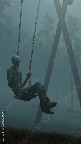 Zombie swing in foggy playground at night, eerie horror scene with skeleton chain seat, spooky misty forest undead atmosphere