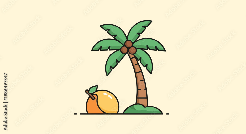 Obraz premium Tropical Coconut Palm Tree and Orange Fruit Flat Icon