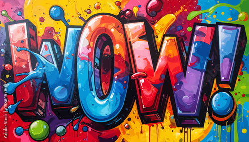 Eye-catching street art 'WOW!' design, exploding with a brilliant spectrum of cheerful hues