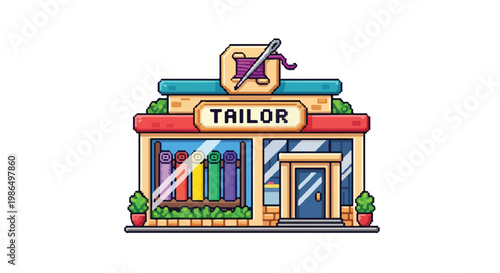 A charming pixel art illustration of a colorful tailor shop storefront, featuring a large needle icon and vibrant rolls of fabric in the window.