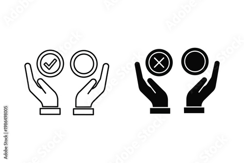 Two hands holding circles with checkmark and cross symbols, vector illustration