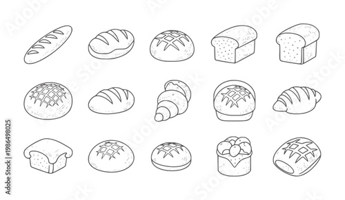 Collection of hand drawn bread and pastry in black and white croissant baguette loaf