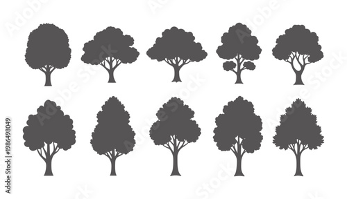 Collection of ten dark grey tree silhouettes with varied foliage shapes