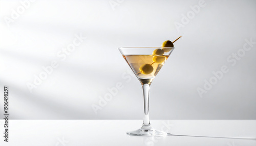Martini cocktail with three green olives on a pick in a stemmed glass