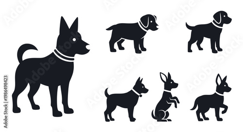 Diverse Collection of Dog Silhouettes A Vector Set Featuring Various Canine Breeds in Minimalist, Flat Design for Pet-Themed Projects