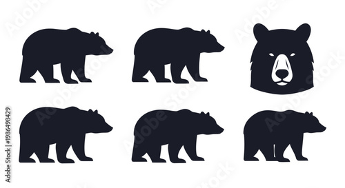 Collection of diverse bear silhouettes and a minimalist bear head icon. Vector illustrations in black flat design, perfect for nature logos, wildlife branding, and outdoor projects