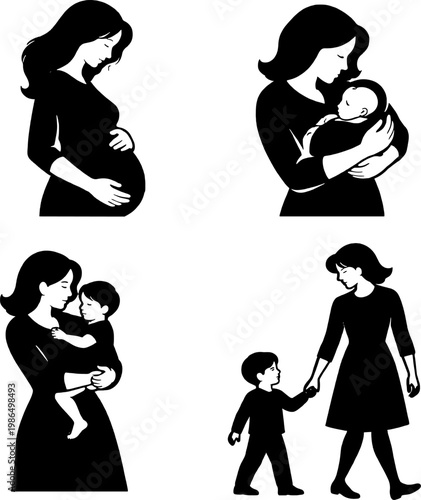 Silhouette Set of Motherhood Stages from Pregnancy to Walking with Child