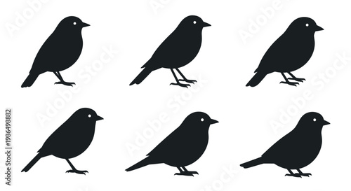 Minimalist collection of identical black bird silhouettes, an essential set of versatile vector icons perfect for various graphic design applications, wildlife themes, and ecological projects