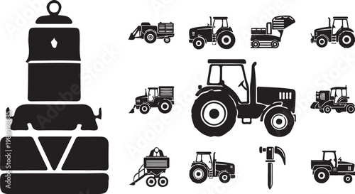 Tractor and farming tools black icons set