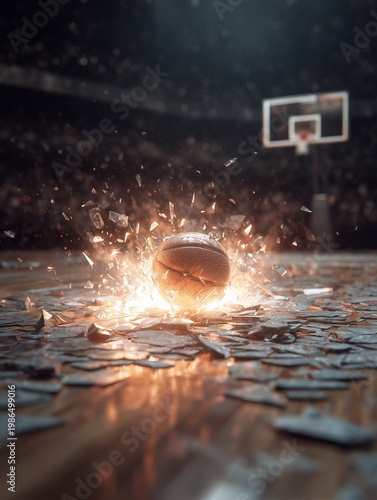 Basketball Shatter: A basketball bursts into fragments upon impact, creating a dramatic explosion of energy on the court.