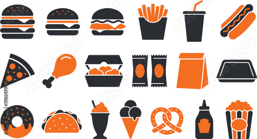 Various fast food items and snacks in orange and black icons