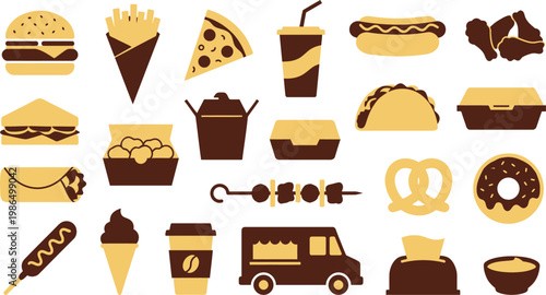 Various fast food items, including burgers, fries, pizza, and snacks, in brown and yellow colors.