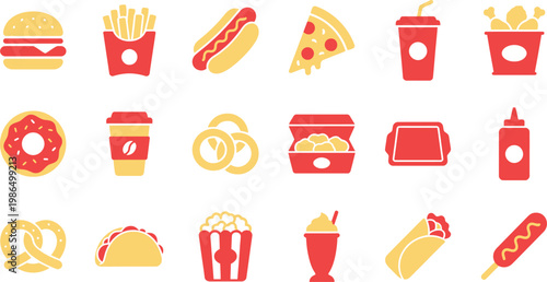 Colorful icons of various fast food items and snacks on a white background