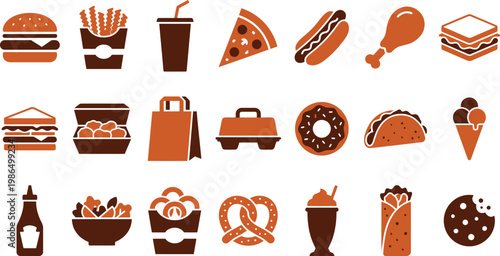 Various fast food icons including burgers, fries, pizza, and drinks in orange and brown colors on white background