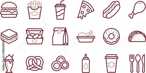 Various fast food icons including burgers, fries, pizza, and drinks on a white background illustration