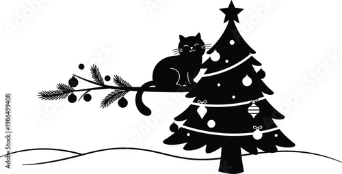 A cartoon vector illustration for a winter holiday card featuring a fairy tale princess, a knight with a sword, and a Halloween witch with a broom beside a black cat silhouette and a snowy Xmas tree
