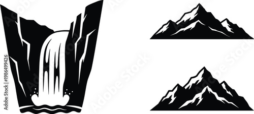 Vintage black ink nature art set featuring a mountain landscape vector illustration with tree silhouettes, flying birds, and calligraphy design elements for a tattoo style drawing