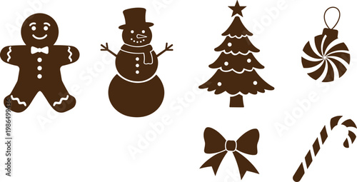 Set of Christmas icons and gingerbread cookie symbols featuring sweet holiday decorations, chocolate snacks, and winter dessert illustrations for an festive Xmas celebration vector