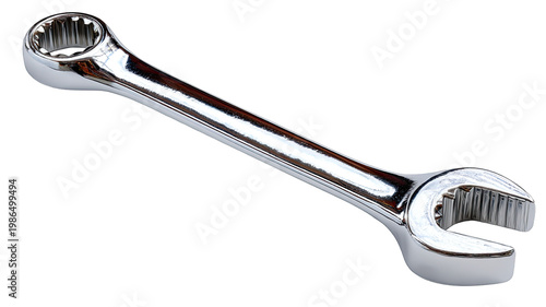 A shining chrome combination wrench lies ready for mechanical tasks isolated on transparent background