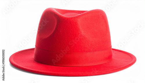 Vibrant red fedora hat with a grosgrain ribbon band on a white background