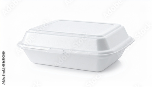 White disposable food container with hinged lid isolated on white background