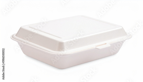 White rectangular disposable takeout food container with hinged lid closed
