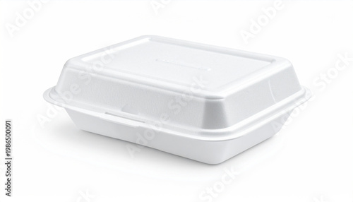 White styrofoam food box with closed lid isolated on a white studio background