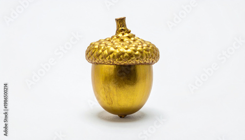 A standing golden acorn with a detailed textured cap on white