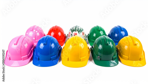 Array of vibrant colored hard hats in a row on a white background