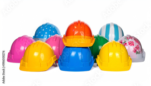 Assorted colorful hard hats arranged in a semi-circle on white background