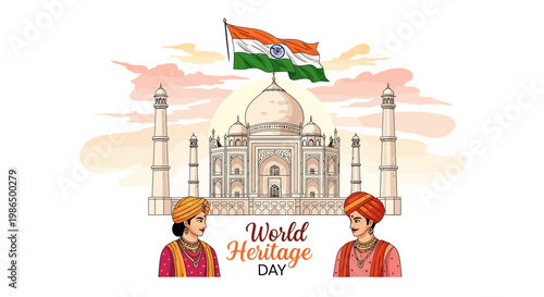 Indian heritage is celebrated in a vector illustration featuring the Taj Mahal and the Red Fort, showcasing traditional Mughal architecture, with two figures in historical clothing