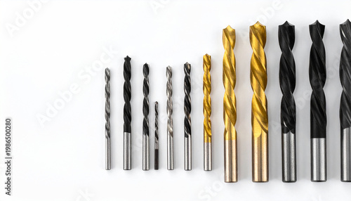 Assorted drill bits of varying sizes and finishes displayed on a white surface with copy space