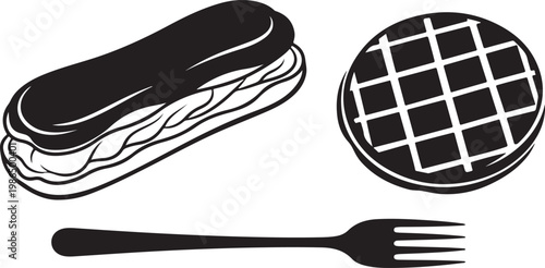 Sweet pastry and waffle with fork during breakfast Isolated on white background