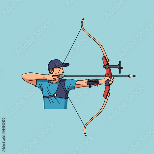 Vector illustration of a male archer wearing a blue shirt and cap, aiming a recurve bow with an arrow, featuring equipment like a chest guard and arm guard on a blue background.