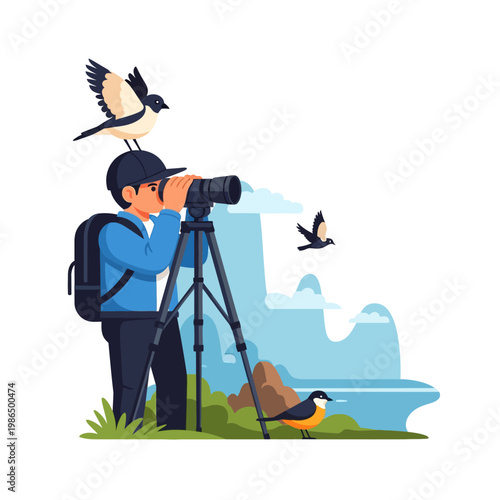 Vector illustration of a man engaged in birdwatching using a telescope on a tripod in a natural setting with mountains, water, and wild birds perching and flying in the sky.