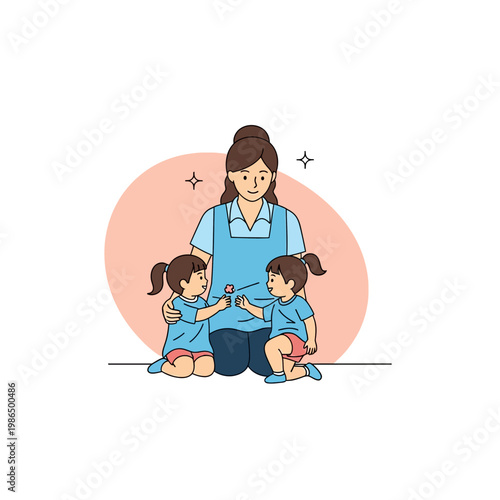 Flat vector illustration of a female childcare provider in a blue apron sitting on the floor with two young girls in matching blue shirts at a daycare, nursery or preschool.