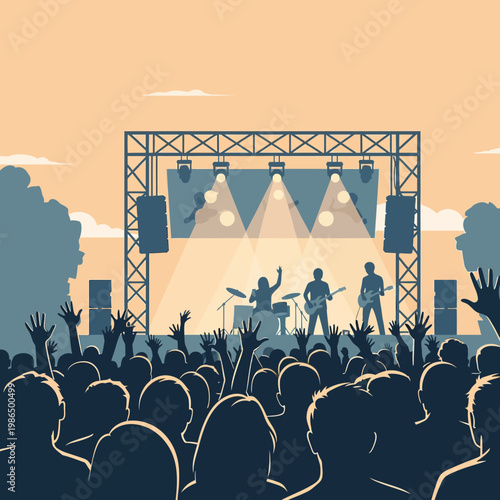Minimalist vector illustration of a live music concert featuring a rock band performing on stage with spotlights and speakers before a large cheering crowd of fans with hands raised.