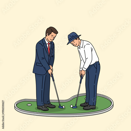 Vector illustration of two men playing mini-golf on a small putting green. One man wears a navy blue business suit while the other wears a white shirt and a blue fedora hat.