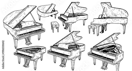 Hand drawn grand piano vector set with sketch style musical instrument illustrations isolated on white background