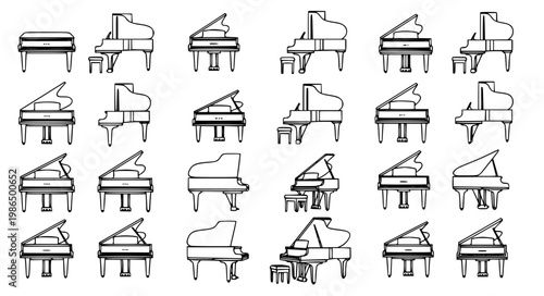 Grand piano line art vector collection with hand drawn musical instrument icons isolated on white